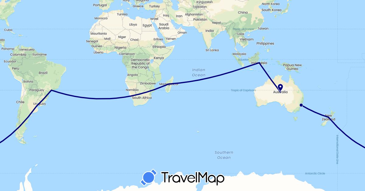 TravelMap itinerary: driving in Argentina, Australia, Brazil, Indonesia, New Zealand (Asia, Oceania, South America)